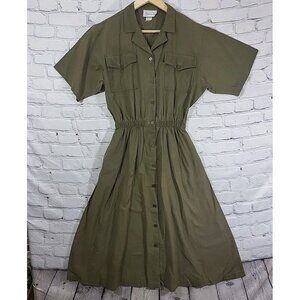 VTG 90s Shirtdress Army Green Button Stretch Waist Pockets Modest L Cotton USA